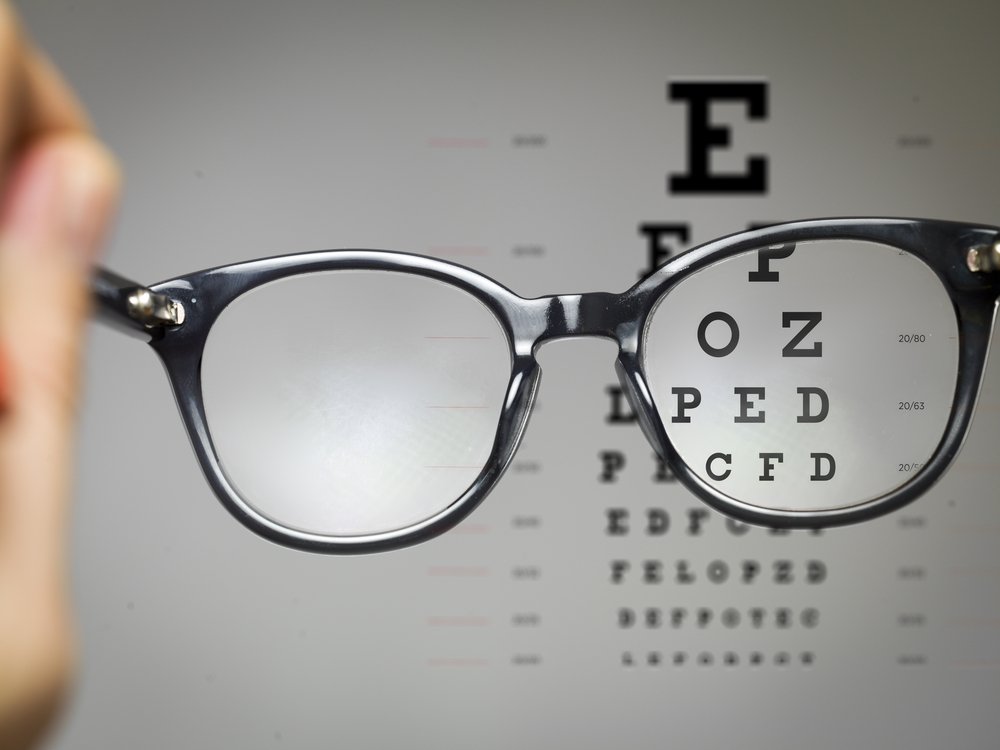 Picture of the hand holding glasses with eye test on the background