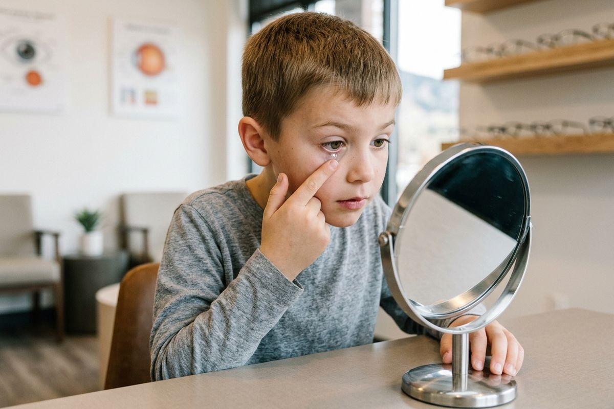A focused child looks into a round mirror in an optometry clinic, touching their right eyelid with one finger to handle a contact lens.