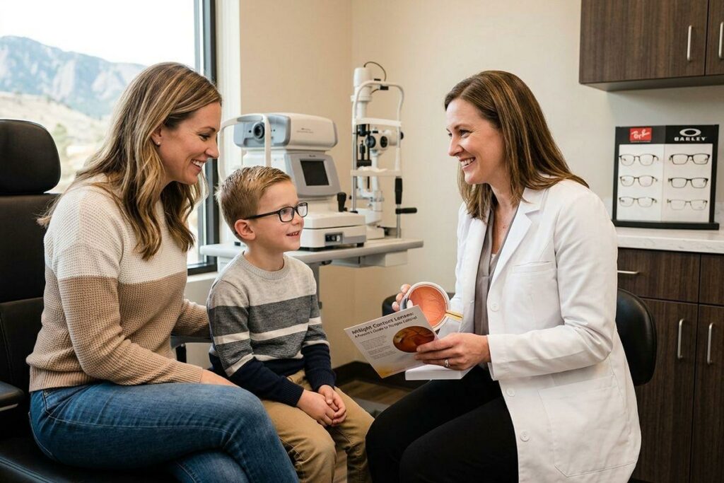 A smiling optometrist in an exam room shows an eye model and a pamphlet to a smiling adult and a child wearing glasses.